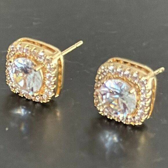 Fireframe Square Halo Earrings – .4” Gold Plate Brilliant Cut Crystal Studs - Picture 9 of 9